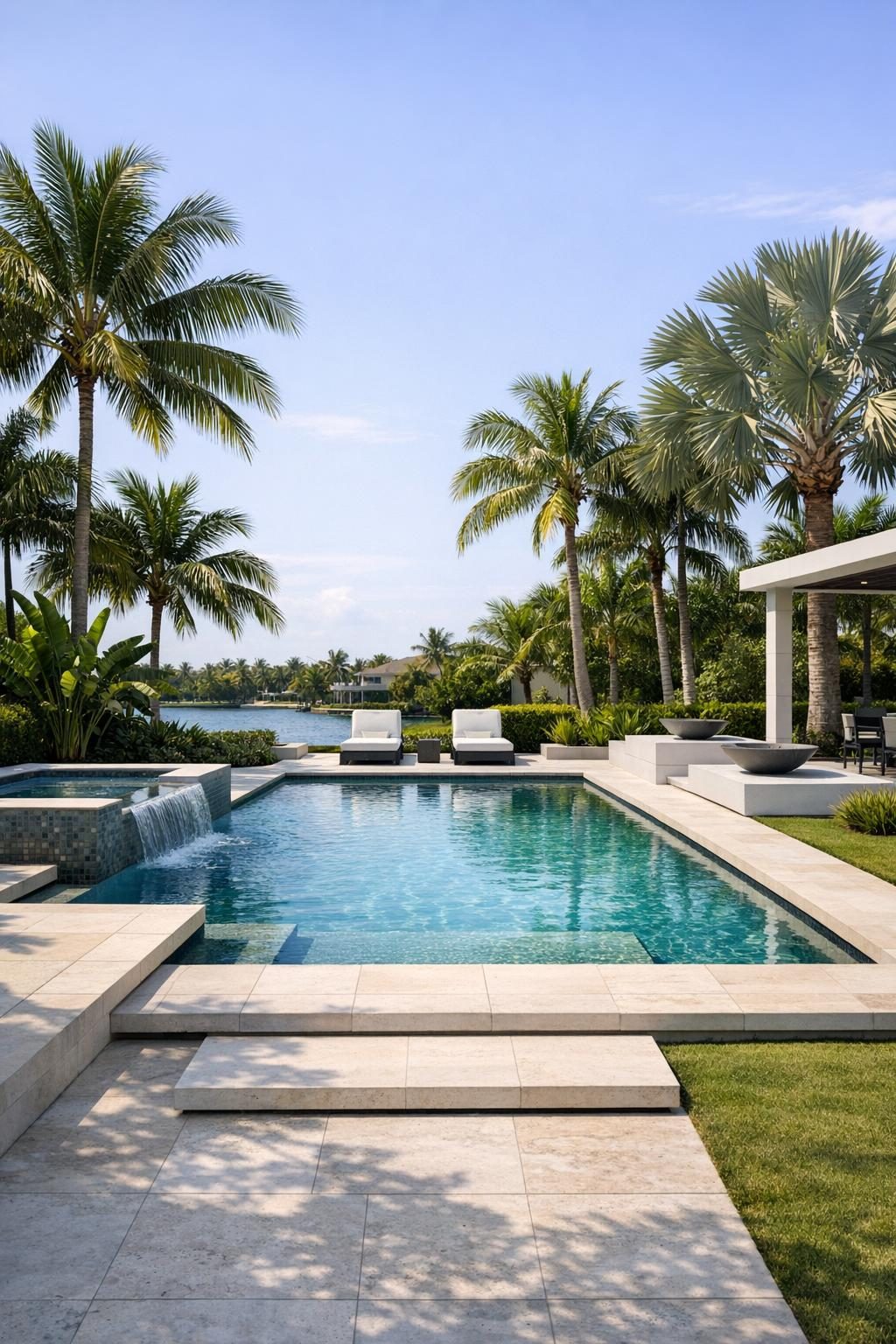 a completed pool with palm trees